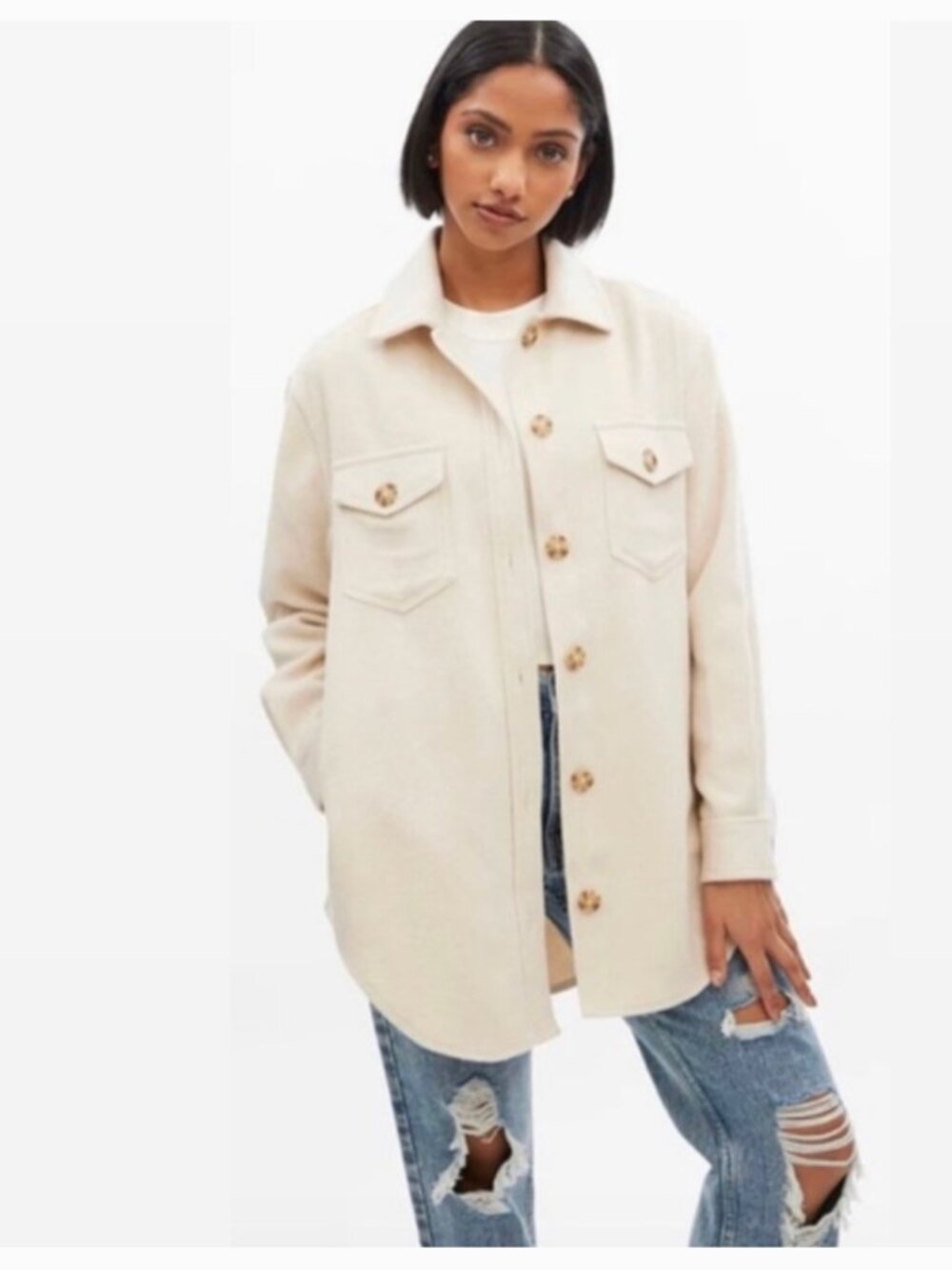 Ladies Bluenotes Shacket med. cream, button front, front/side pockets cabin-core